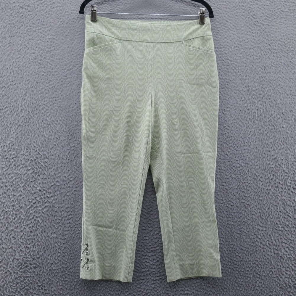 Chicos Perfect Stretch Green Striped Crop Pants Lace Up Hem Size 0.5 US 6‎